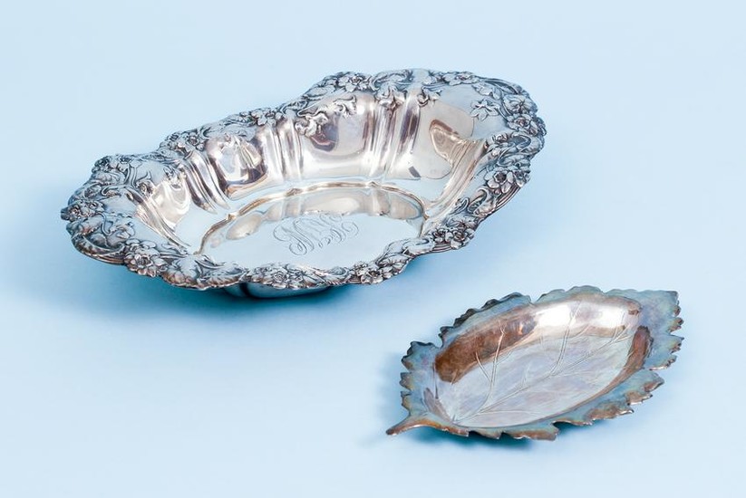 Pair of Sterling Dishes Leaf Hammered