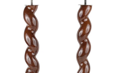 Pair of Twisted Lacquered Wood Column Lamps