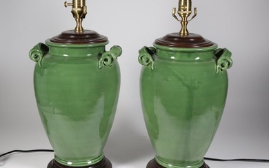 Pair of Vintage Green Crackle Glazed Jars Mounted as Lamps on Teakwood Bases