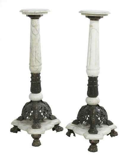 Pair of White Marble & Patinated Bronze Pedestals