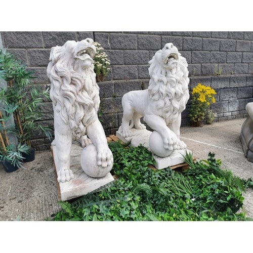 Pair of moulded stone Lions {110 cm H x 114 cm W x 40 cm D}.