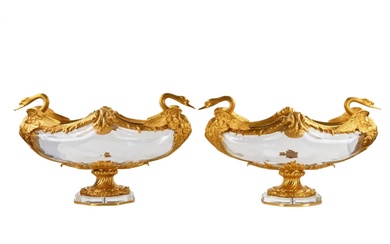 Pair of oval vases in cast glass and gilt bronze,...
