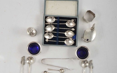 Pair of silver salts, Charles Weale, London 1919, and other small silver, white metal and plated wares.