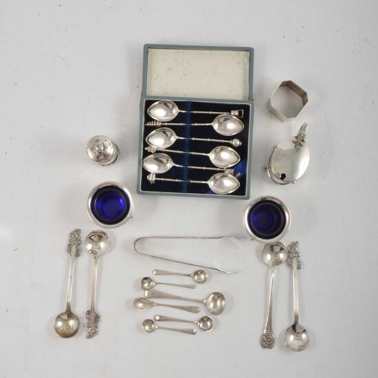 Pair of silver salts, Charles Weale, London 1919, and other small silver, white metal and plated wares.