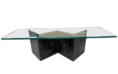 Paul Evans style bow tie coffee table w glass top. A finely constructed metal base in bow tie
