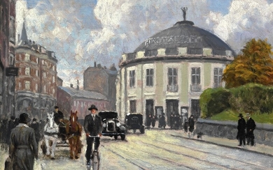 Paul Fischer: The corner of Gl. Kongevej, Vodroffsvej and Bagerstræde in Copenhagen. Signed Paul Fischer. Oil on panel. 20×25.