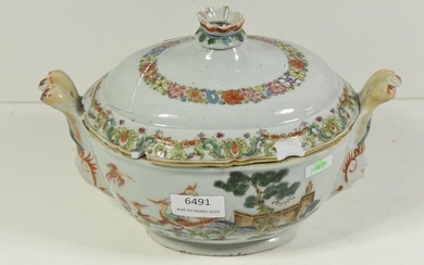 Pink family terrine from the Qianlong period, herons in a garden (Ht 19cm, long 25cm) with fretel shelling and glued lid