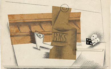 Pablo Picasso - Málaga 1881 - 1973 Mougins - Pipe, bouteille de Bass, dé