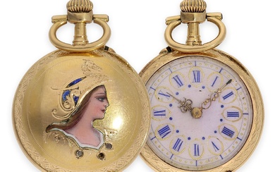 Pocket watch: rare Art Nouveau gold/ enamel lady's watch with representation of the goddess Athena, Le Coultre No.6098, ca. 1900