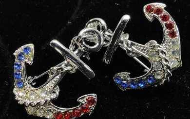 Pr Red White & Blue Crystal Mariner Anchor Brooches