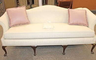 Quality Harden queen Anne hump back upholstered sofa with pillows and arm guards