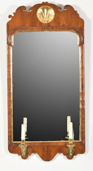 Queen Anne walnut mirror with brass candle arms, circa