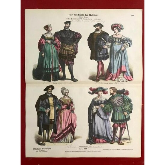 Rare 19thc German Handcolored Costume Plates, 17thc