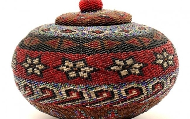 Rare Large Paiute Indian Beaded Basket With Lid.