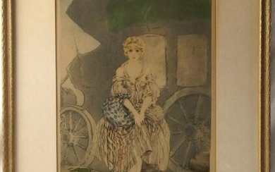 Rare Louis Icart Lithograph 'Girl and Carriage'