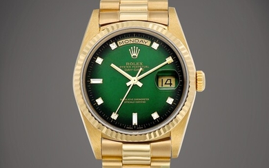 Rolex Day-Date, Reference 18238 | A yellow gold and diamond-set wristwatch with day, date, green dégradé dial and bracelet, Circa 1995 | 勞力士 | Day-Date 型號18238 | 黃金鑲鑽石鏈帶腕錶，備日期、星期顯示及綠色錶盤，約1995年製