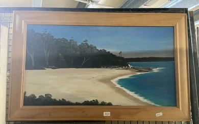 Roy Shute - "Greenfields Beach, Jarvis Bay, NSW" oil on board 32 x 59 cm, signed lower left