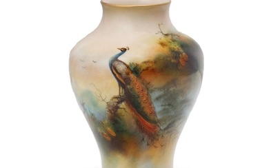 Royal Worcester vase, hand decorated with a Peacock, signed ...