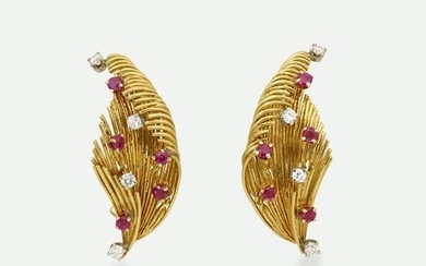 Ruby and diamond feather earrings