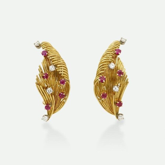 Ruby and diamond feather earrings