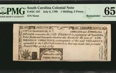 SC-197. South Carolina. July 6, 1789. 1 Shilling, 3 Pence. PMG Gem Uncirculated 65 EPQ. Remainder.