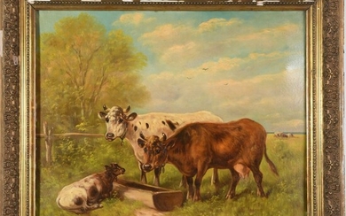 SCHOUTEN Paul. (1860-1922). « Vaches et veaux à l’abreuvoir ». Huile sur toile signée dans...
