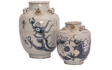SET OF TWO (2) PORCELAIN STONEWARE JARS WITH...