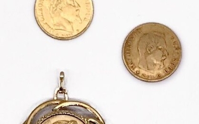 SET of 3 Napoleon III coins in 750 thousandths gold, two of them mounted as pendants. Gross weight: 15.6 g Three yellow gold Napoleon III coins