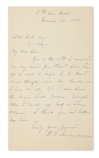 SHERMAN, WILLIAM TECUMSEH. Autograph Letter Signed, "W.T. Sherman," to the Editor of Brooklyn...