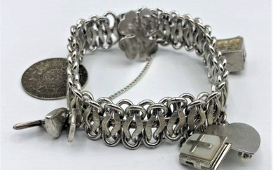 STERLING Silver Heavy Mesh Link Charm Bracelet & Charms