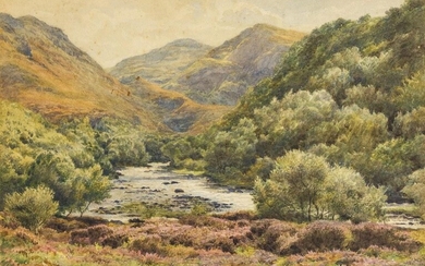 Samuel William Oscroft, British 1834-1924- A wooded river landscape with mountains beyond; watercolour and bodycolour on paper laid down on board, signed and dated 'S.W. Oscroft. / 1890.' (lower left), 26.2 x 36.5 cm., (unframed). Provenance:...