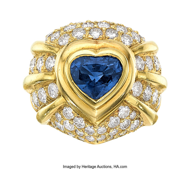 Sapphire, Diamond, Gold Ring Stones: Heart-shaped sapphire weighing approximately...
