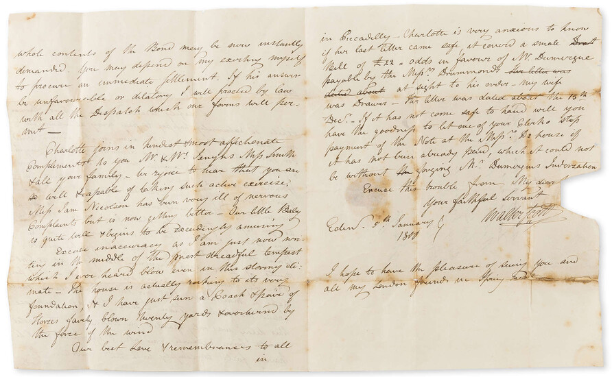 Scott (Sir Walter) Autograph Letter to Robert Smith in St Paul's Churchyard, 1800, on the recovery of a debt, "I shall be extremely happy to pay every attention in in my power to the recovery of the sum in Mr. Perry's Bond".