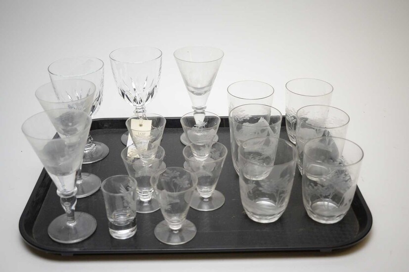 Selection of etched glasses and tumblers.