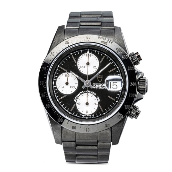 Self-winding waterproof chronograph wristwatch, stainless steel, with black dial, TUDOR