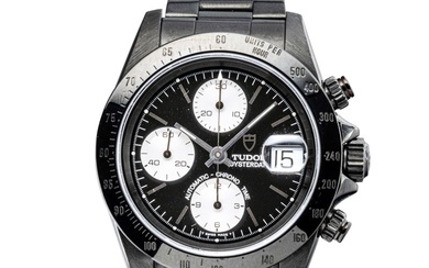 Self-winding waterproof chronograph wristwatch, stainless steel, with black dial, TUDOR