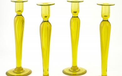 Set of Four Blown Vaseline Glass Candlesticks