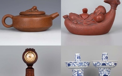 Set of Zisha teapots, Blue and white candleholders and Wood inlaid mantel clock 1894
