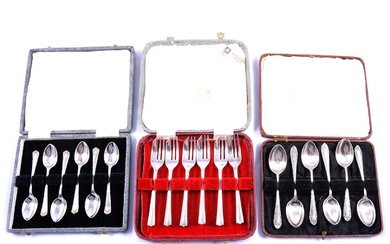 Set of six silver coffee spoons and plated cutlery