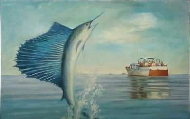 Signed H Gessner, 1950s Large Oil on Board Painting Sailfish Jumping with Boat on Sea