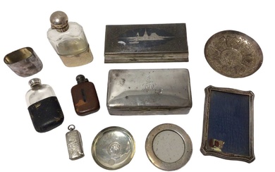 Silver mounted spirit flasks, cigarette box and other silver and white metal