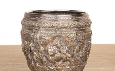 Silver repousse thabiek bowl Burmese, late 19th Century with scenes...