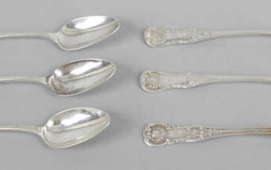 Six Glasgow silver Queen's style pattern teaspoons, together with four late George III Fiddle Thread pattern teaspoons.