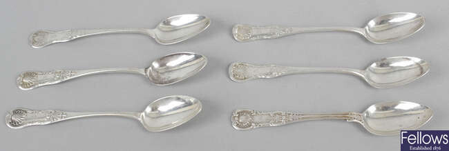 Six Glasgow silver Queen's style pattern teaspoons, together with four late George III Fiddle Thread pattern teaspoons.