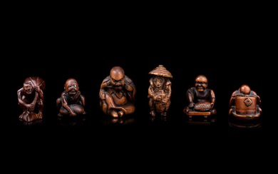 Six Japanese Carved Wood and Bamboo Figural-Form Netsuke