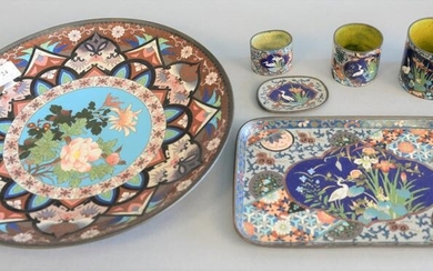Six piece cloisonne lot to include charger, dia: 14"