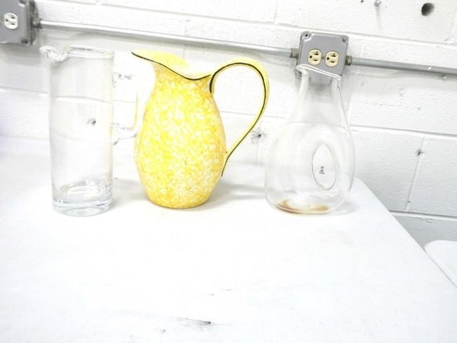 Skruf Carafe or Decanter Hand Crafted in Sweden, Vintage Yellow and White Stangl Pitcher, and