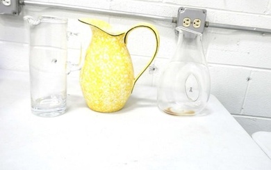 Skruf Carafe or Decanter Hand Crafted in Sweden, Vintage Yellow and White Stangl Pitcher, and