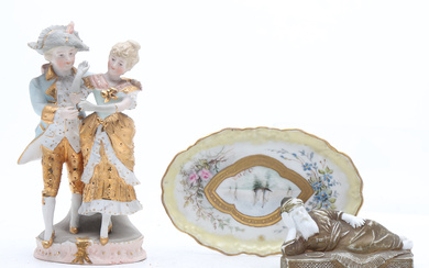 Small vase with an 18th Century-like couple, a Turkish man lying down and a small tray in porcelain and biscuit, Limoges and Austrian, early decades 20th Century.