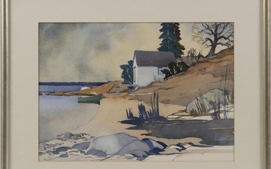 WATERCOLOR DEPICTING A BOATHOUSE 20th Century Signed faintly...